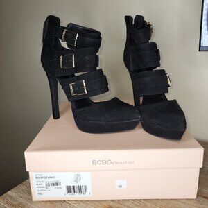 BCBG Generation Black Suede Pointy Strappy High Heels with Gold Buckles Size 8